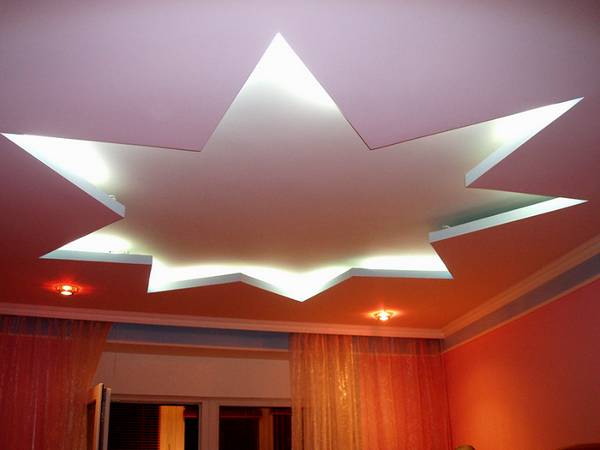 Двухуровневый подвесной потолок из гипсокартона с подсветкой с фото